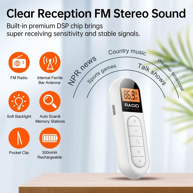 Alt view image 2 of 6 - MI03 FM Pocket Radio, Rechargeable Mini Portable Radio with Clip Excellent Reception Digital FM Receiver, Ultra Mini Size, Stereo Earphone, Belt Clip, for Gym, Jogging, Walking, Camping