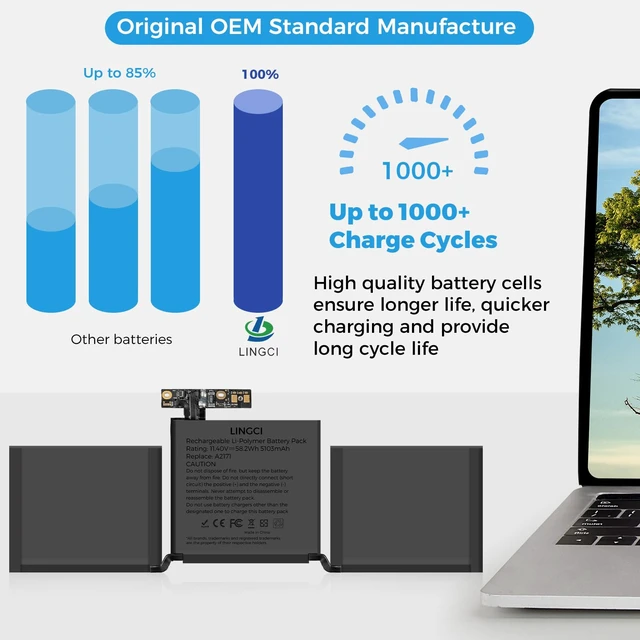 Alt view image 2 of 7 - A2171 Battery,A1708 A1713 Battery for MacBook Pro 13 Inch A2159 (2019) A2289 (2020) A2338 (2020) A1708 Late 2016 Mid 2017(Upgraded High Performance 11.41V 58.19Wh 5100mAh)