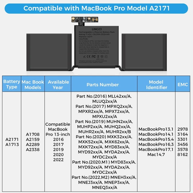 Alt view image 3 of 7 - A2171 Battery,A1708 A1713 Battery for MacBook Pro 13 Inch A2159 (2019) A2289 (2020) A2338 (2020) A1708 Late 2016 Mid 2017(Upgraded High Performance 11.41V 58.19Wh 5100mAh)