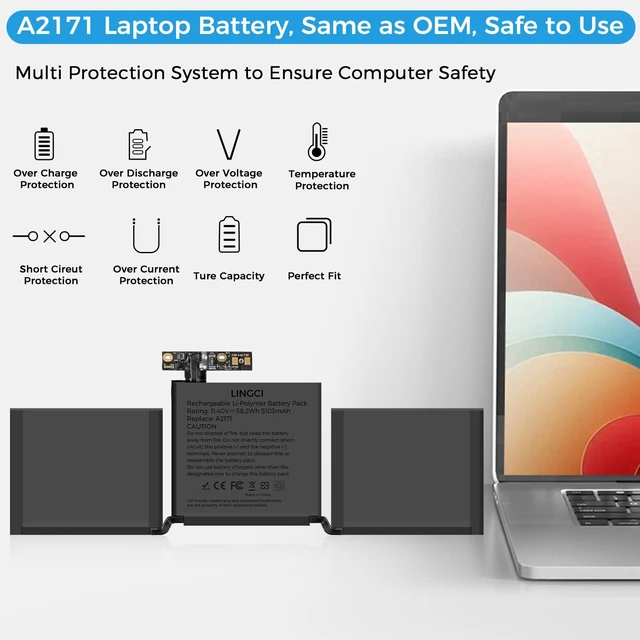 Alt view image 4 of 7 - A2171 Battery,A1708 A1713 Battery for MacBook Pro 13 Inch A2159 (2019) A2289 (2020) A2338 (2020) A1708 Late 2016 Mid 2017(Upgraded High Performance 11.41V 58.19Wh 5100mAh)