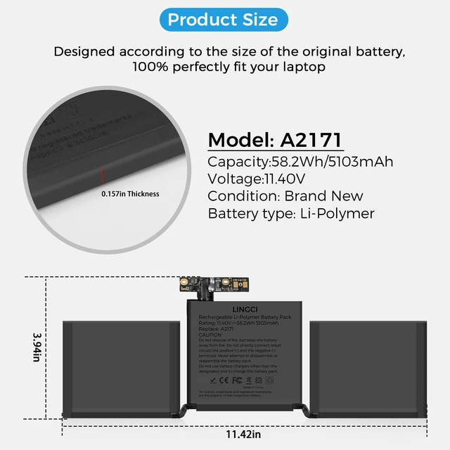 Alt view image 5 of 7 - A2171 Battery,A1708 A1713 Battery for MacBook Pro 13 Inch A2159 (2019) A2289 (2020) A2338 (2020) A1708 Late 2016 Mid 2017(Upgraded High Performance 11.41V 58.19Wh 5100mAh)