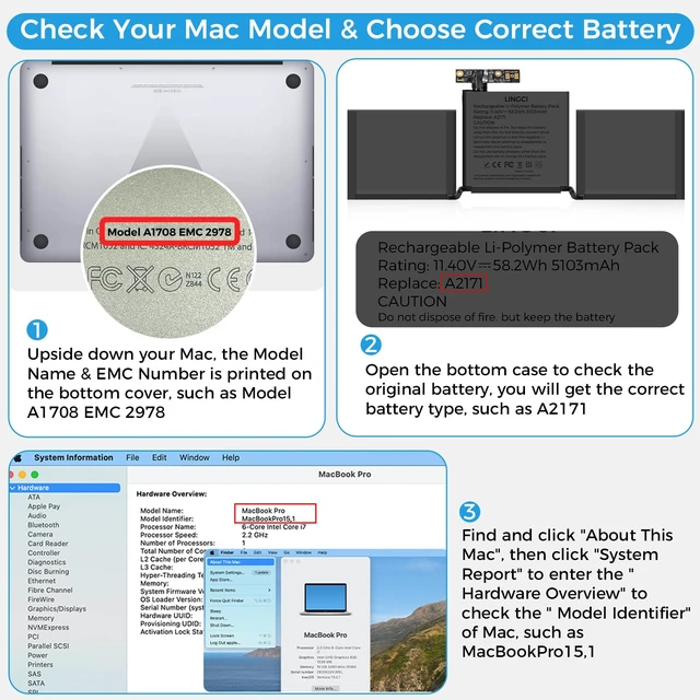 Alt view image 6 of 7 - A2171 Battery,A1708 A1713 Battery for MacBook Pro 13 Inch A2159 (2019) A2289 (2020) A2338 (2020) A1708 Late 2016 Mid 2017(Upgraded High Performance 11.41V 58.19Wh 5100mAh)
