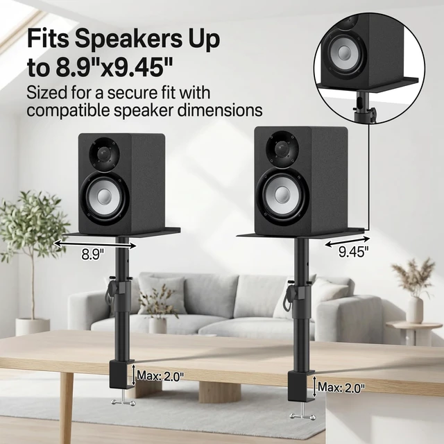Alt view image 2 of 7 - Clamp-On Desktop Speaker Stand Pair, Heavy-Duty 9.3" x 8.9 Plate for Edifier, KRK, Klipsch, Yamaha, Samsung HW-Q Series, Height&Angle Adjustable Bookshelf Speaker Stands, Built-in Cable Management