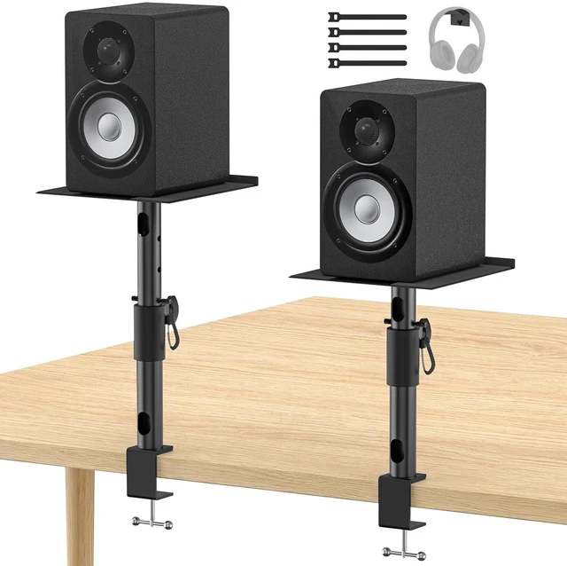 Main image of Clamp-On Desktop Speaker Stand Pair, Heavy-Duty 9.3" x 8.9 Plate for Edifier, KRK, Klipsch, Yamaha, Samsung HW-Q Series, Height&Angle Adjustable Bookshelf Speaker Stands, Built-in Cable Management