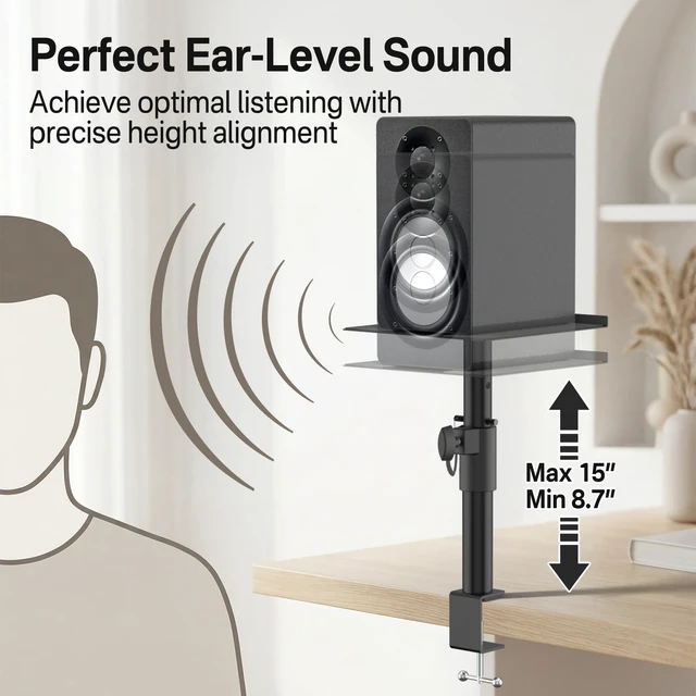 Alt view image 3 of 7 - Clamp-On Desktop Speaker Stand Pair, Heavy-Duty 9.3" x 8.9 Plate for Edifier, KRK, Klipsch, Yamaha, Samsung HW-Q Series, Height&Angle Adjustable Bookshelf Speaker Stands, Built-in Cable Management