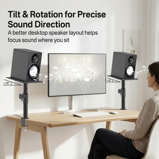Alt view image 4 of 7 - Clamp-On Desktop Speaker Stand Pair, Heavy-Duty 9.3" x 8.9 Plate for Edifier, KRK, Klipsch, Yamaha, Samsung HW-Q Series, Height&Angle Adjustable Bookshelf Speaker Stands, Built-in Cable Management