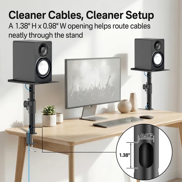 Alt view image 5 of 7 - Clamp-On Desktop Speaker Stand Pair, Heavy-Duty 9.3" x 8.9 Plate for Edifier, KRK, Klipsch, Yamaha, Samsung HW-Q Series, Height&Angle Adjustable Bookshelf Speaker Stands, Built-in Cable Management