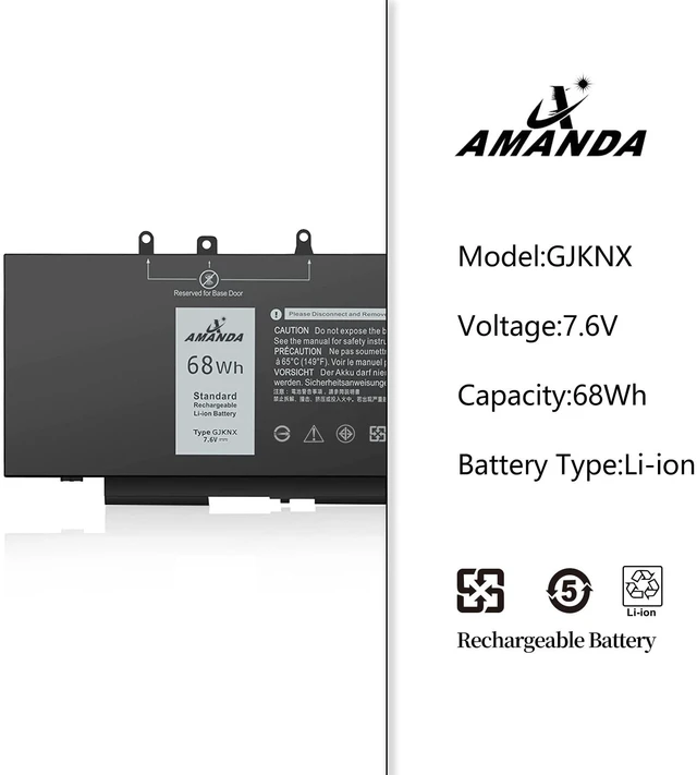 Alt view image 2 of 6 - 68Wh 7.6V GJKNX Battery Replacement for Dell Latitude 5480 5580 5280 5490 5590 5288 5488 E5480 E5580 E5490 E5590 Precision 3520 3530 Series GD1JP 0GD1JP DY9NT 0DY9NT 5YHR4 KCM82 0KCM82 451-BBZG