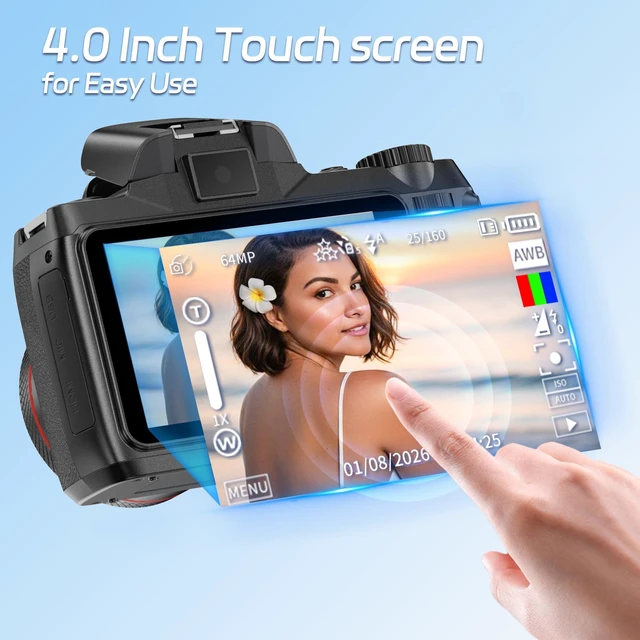 Alt view image 3 of 7 - Digital Camera,4K 64MP Cameras for Photography with 40 Touch Screen,18X Digital Zoom Autofocus Photography Shoot Camera with Dual-Lens,2 Batteries,64GB TF Card,Lens Hood