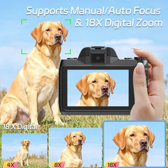 Alt view image 4 of 7 - Digital Camera,4K 64MP Cameras for Photography with 40 Touch Screen,18X Digital Zoom Autofocus Photography Shoot Camera with Dual-Lens,2 Batteries,64GB TF Card,Lens Hood