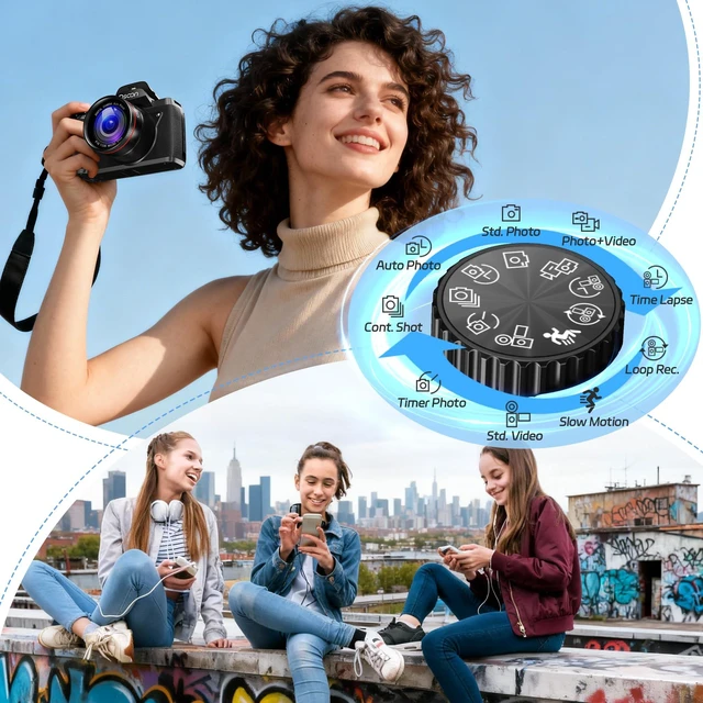 Alt view image 6 of 7 - Digital Camera,4K 64MP Cameras for Photography with 40 Touch Screen,18X Digital Zoom Autofocus Photography Shoot Camera with Dual-Lens,2 Batteries,64GB TF Card,Lens Hood