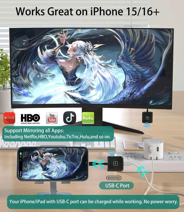 Alt view image 2 of 7 - Wireless USB C to HD Transmitter and Receiver Kit Plug n Play, Compatible with iPhone 15 16 17 Mac iPad to TV Projector Monitor
