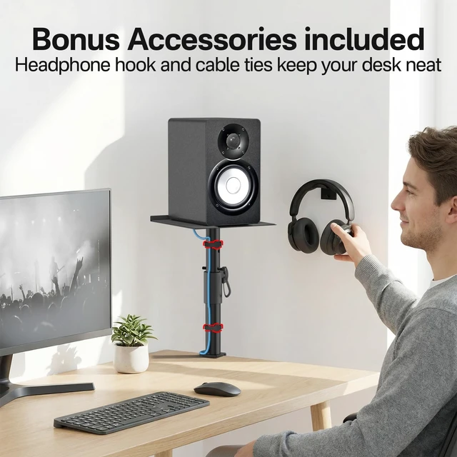 Alt view image 7 of 7 - Clamp-On Desktop Speaker Stand Pair, Heavy-Duty 9.3" x 8.9 Plate for Edifier, KRK, Klipsch, Yamaha, Samsung HW-Q Series, Height&Angle Adjustable Bookshelf Speaker Stands, Built-in Cable Management