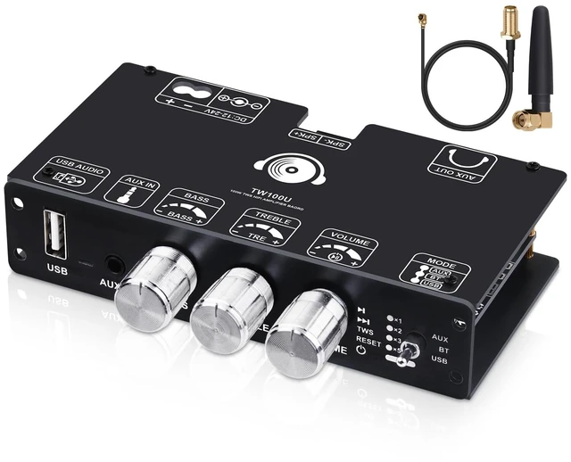 Main image of TW100U Mono Bluetooth Amplifier Board, 100W TPA3116D2 mono board with TWS pairing, Bluetooth, AUX and USB inputs plus bass and treble controls, DC 12-24V