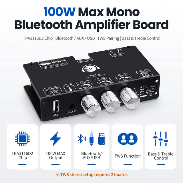Alt view image 2 of 7 - TW100U Mono Bluetooth Amplifier Board, 100W TPA3116D2 mono board with TWS pairing, Bluetooth, AUX and USB inputs plus bass and treble controls, DC 12-24V