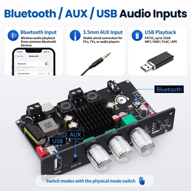 Alt view image 5 of 7 - TW100U Mono Bluetooth Amplifier Board, 100W TPA3116D2 mono board with TWS pairing, Bluetooth, AUX and USB inputs plus bass and treble controls, DC 12-24V