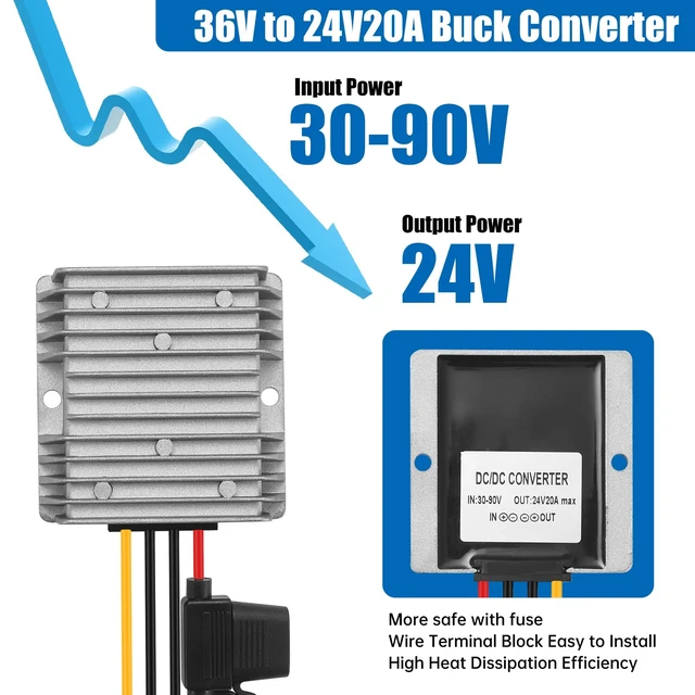 Alt view image 2 of 7 - 30-90V to 24V 20A 480W DC-DC Buck Converter Voltage Regulator - Heavy Duty Step Down Power Supply for Golf Carts, Solar Systems, Industrial Equipment