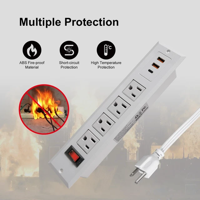 Alt view image 5 of 6 - Recessed Power Strip Type C 20W PD Fast Charge Desk Power Outlet 4 Outlets 2 USB and 1 USB C Built in Furniture Extension Power Plug for Dorm Office (White)