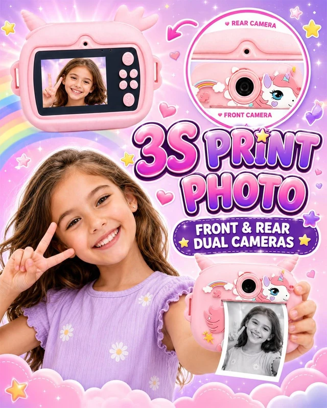 Alt view image 3 of 7 - Kids Camera Instant Print, 1080P Kids Instant Cameras with Photo Printing and Fun Learning, Christmas Stuffers Birthday Gifts for Girls Age 3-12, Portable Toy for 3 4 5 6 7 8 9 10 Girls Boys, Pink