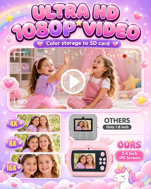 Alt view image 4 of 7 - Kids Camera Instant Print, 1080P Kids Instant Cameras with Photo Printing and Fun Learning, Christmas Stuffers Birthday Gifts for Girls Age 3-12, Portable Toy for 3 4 5 6 7 8 9 10 Girls Boys, Pink