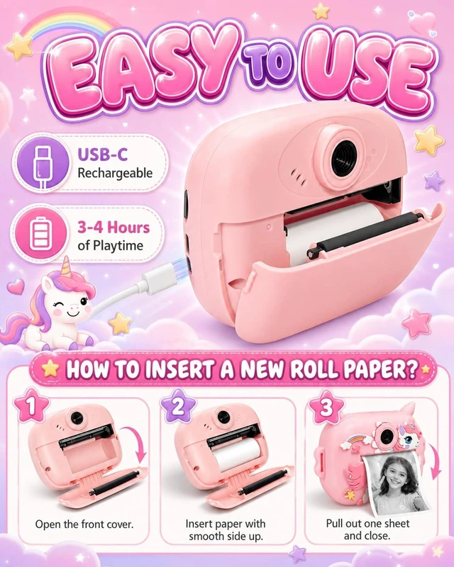 Alt view image 6 of 7 - Kids Camera Instant Print, 1080P Kids Instant Cameras with Photo Printing and Fun Learning, Christmas Stuffers Birthday Gifts for Girls Age 3-12, Portable Toy for 3 4 5 6 7 8 9 10 Girls Boys, Pink