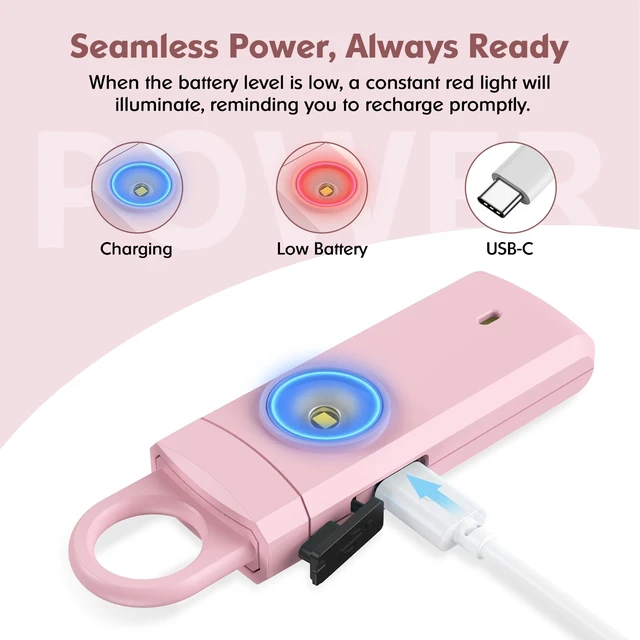 Alt view image 3 of 7 - Personal Alarms for Women, College Dorm Room Essentials for Girls 130dB Siren, Rechargeable, Low Battery Alert, Flashlight, Safety Keychain Gifts for Women, College, Girls, Elders, Kids, Pink