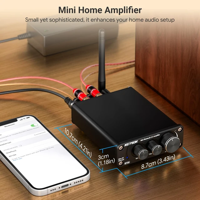 Alt view image 7 of 7 - BT10A Bluetooth Stereo Amplifier, 100W x 2 Mini Class D Power Amplifier Receiver for Passive Speakers, 2 Channel Home Audio Amp with Bluetooth, for Bookshelf, Ceiling, Garage, Patio -TwoTPA3116 Chips