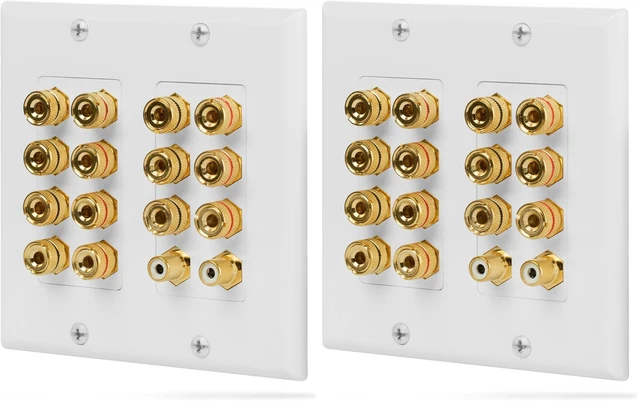 Main image of 2-Gang 7.1 Surround Sound Distribution Home Theater Wall Plate, Gold Plated 7-Pair Copper Binding Posts Coupler Type for 7 Speakers, 2 RCA Jack for Subwoofer (Pack of 2)