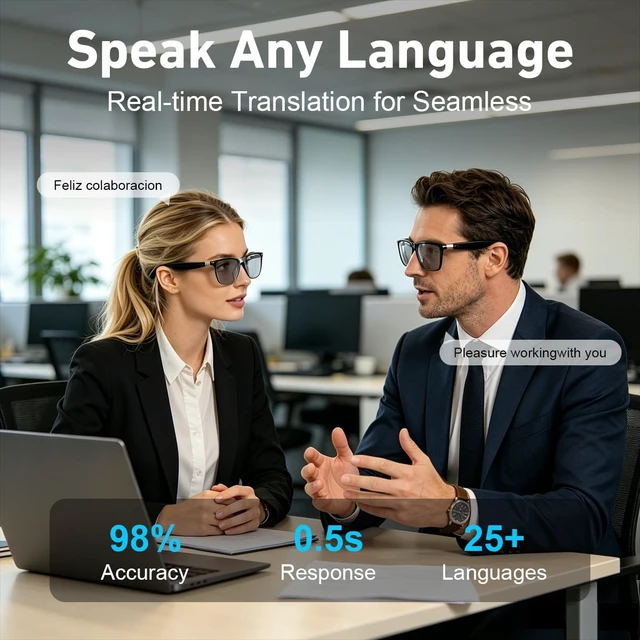 Alt view image 2 of 7 - AI Smart Glasses Real Time Translation and Recording Glasses Bluetooth Smart Sunglasses Open-Ear Audio for Travel Work Vlog(Bluetooth Version)