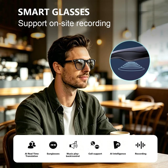 Alt view image 3 of 7 - AI Smart Glasses Real Time Translation and Recording Glasses Bluetooth Smart Sunglasses Open-Ear Audio for Travel Work Vlog(Bluetooth Version)