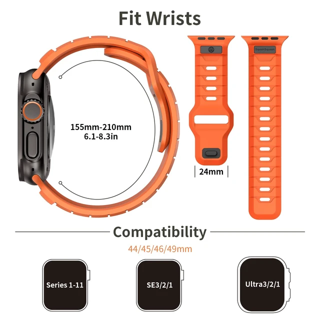 Alt view image 4 of 7 - Ganoid FKM Rubber Sport Band Compatible with Apple Watch Ultra 3/2/1 SE Series 11/10/9/8/7/6/5/4, Fluoroelastomer Waterproof Strap for iWatch 44/45/46/49MM (Coral Orange)