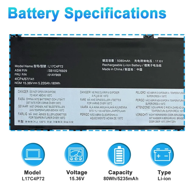 Alt view image 2 of 7 - L17C4P72 L17M4P72 Battery for Lenovo ThinkPad X1 Extreme 1st Gen/2nd Gen for Lenovo ThinkPad P1 1st Gen/2nd Gen Series L18M4P71 SB10Q76928 01AY968 SB10S57317 01YU911 15.36V 80Wh 5235mAh