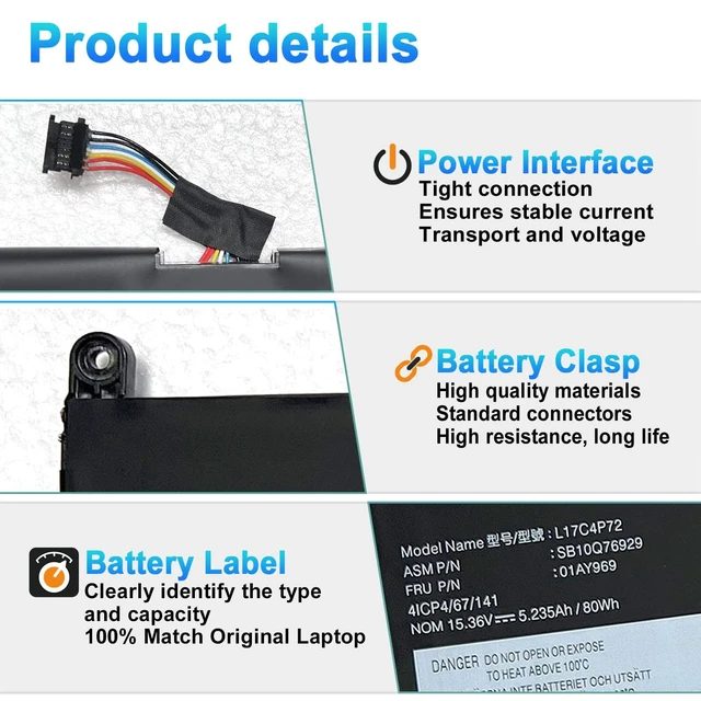 Alt view image 3 of 7 - L17C4P72 L17M4P72 Battery for Lenovo ThinkPad X1 Extreme 1st Gen/2nd Gen for Lenovo ThinkPad P1 1st Gen/2nd Gen Series L18M4P71 SB10Q76928 01AY968 SB10S57317 01YU911 15.36V 80Wh 5235mAh