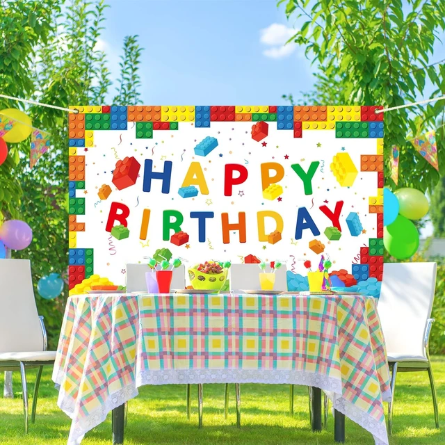 Alt view image 6 of 7 - Building Blocks Happy Birthday Banner Colorful Blocks Birthday Party Decorations Backdrop Photography Background for Children Kids Boys Girls Building Block Theme Party Supplies, 71 x 43 Inc