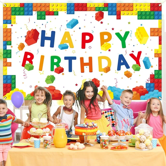 Alt view image 7 of 7 - Building Blocks Happy Birthday Banner Colorful Blocks Birthday Party Decorations Backdrop Photography Background for Children Kids Boys Girls Building Block Theme Party Supplies, 71 x 43 Inc
