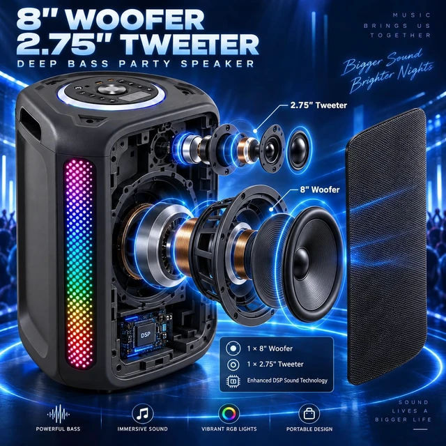 Alt view image 2 of 7 - Party Bluetooth Speaker, 240W Peak Powerful Loud Sound & Deep Bass 8" Woofer Large Wireless Speaker with Dual Mics, Auracast, 7 Lights & Fast Charging for Karaoke, PA, Outdoor Parties