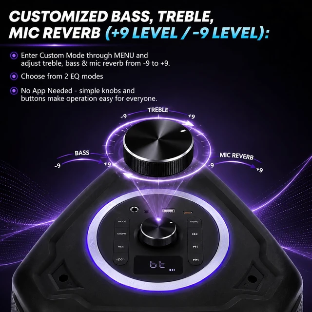 Alt view image 3 of 7 - Party Bluetooth Speaker, 240W Peak Powerful Loud Sound & Deep Bass 8" Woofer Large Wireless Speaker with Dual Mics, Auracast, 7 Lights & Fast Charging for Karaoke, PA, Outdoor Parties