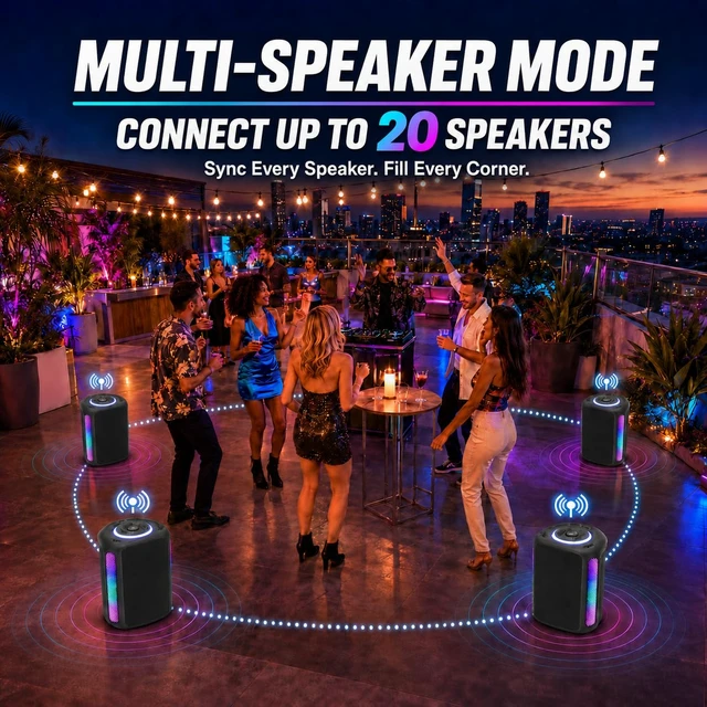Alt view image 4 of 7 - Party Bluetooth Speaker, 240W Peak Powerful Loud Sound & Deep Bass 8" Woofer Large Wireless Speaker with Dual Mics, Auracast, 7 Lights & Fast Charging for Karaoke, PA, Outdoor Parties