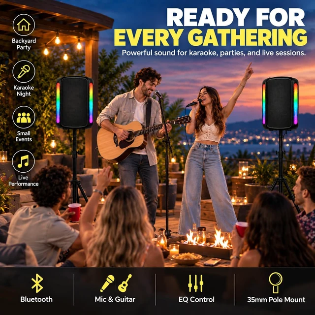 Alt view image 5 of 7 - Party Bluetooth Speaker, 240W Peak Powerful Loud Sound & Deep Bass 8" Woofer Large Wireless Speaker with Dual Mics, Auracast, 7 Lights & Fast Charging for Karaoke, PA, Outdoor Parties