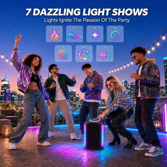 Alt view image 6 of 7 - Party Bluetooth Speaker, 240W Peak Powerful Loud Sound & Deep Bass 8" Woofer Large Wireless Speaker with Dual Mics, Auracast, 7 Lights & Fast Charging for Karaoke, PA, Outdoor Parties