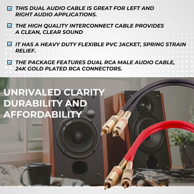 Alt view image 7 of 7 - Speakers Premium 1 Foot Dual RCA Male to Dual RCA Male Audio Patch Cables, Pack of 2, Black and Red Color Cables, 2RCA to 2RCA Audio Cord