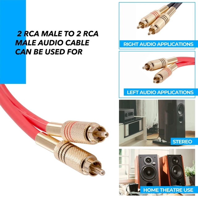 Alt view image 5 of 7 - Speakers Premium 1 Foot Dual RCA Male to Dual RCA Male Audio Patch Cables, Pack of 2, Black and Red Color Cables, 2RCA to 2RCA Audio Cord