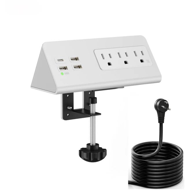Main image of Upgraded Version Edge Mount Power Strip with USB-C Ports Tabletop Surge Protector Desk Clamp Power Sockets with 3 AC Outlets &4 Fast Charging USB Ports for Home Office Hotel Dormitory (White- 1pack)