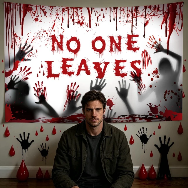 Alt view image 2 of 5 - Halloween Bloody Backdrop (Red, 96x72 inch) Polyester Material, Horror No One Leaves Party Decorations Banner Scary Zombie Blood Ghost Shadow Background for Photography