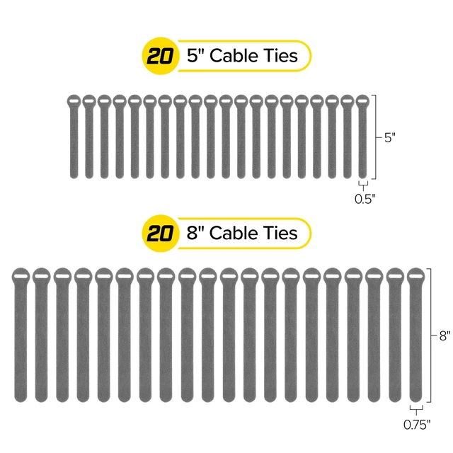 Alt view image 4 of 7 - Self-Gripping Cable Ties by - Assorted 40-Pack Gray Reusable Hook and Loop Cord Organizer Cable Ties for Cord Management and Desk or Office Organization