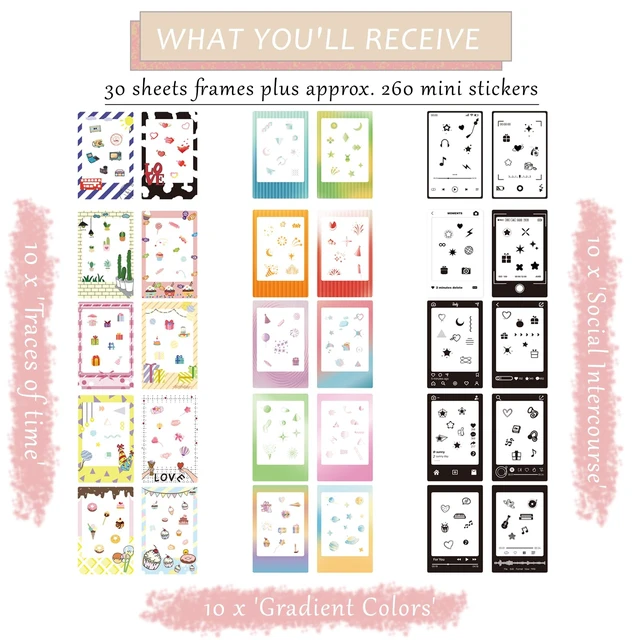 Alt view image 2 of 7 - 2x3 Mini Film Sticker Frames, 30pcs Stylish Border Stickers Fits for Fujifilm Instax Mini Film (54x86mm), Cute Colorful Borders for Polaroid Instax 12 11 90 99 40 41 SE EVO (Pack of 3)