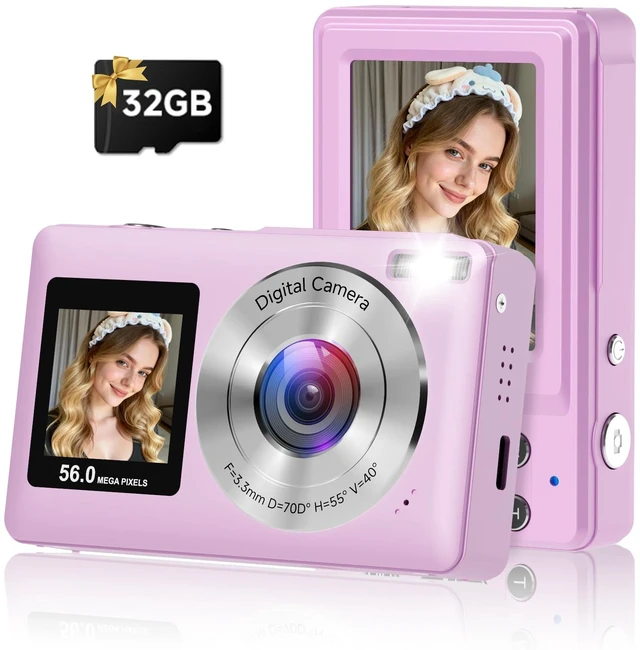 Main image of Digital Camera, 2026 Upgraded 56MP Dual-Screens Selfie Digital Camera, Small Cameras with 32GB SD Card Smile Capture, Compact Digital Cameras with 16X Digital Zoom for Beginners Kids Teens Girls