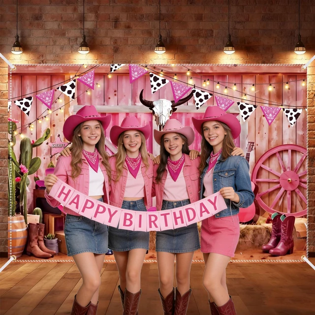 Alt view image 5 of 7 - Cowgirl Backdrop Western Cowgirl Banner 10x6.5Ft Pink Cowboy Backdrop Photography Booth Prop for Girls Cowboy Birthday Party Decorations Baby Shower Supplies