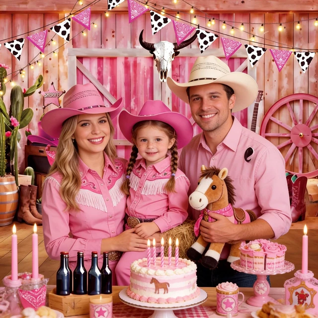 Alt view image 6 of 7 - Cowgirl Backdrop Western Cowgirl Banner 10x6.5Ft Pink Cowboy Backdrop Photography Booth Prop for Girls Cowboy Birthday Party Decorations Baby Shower Supplies