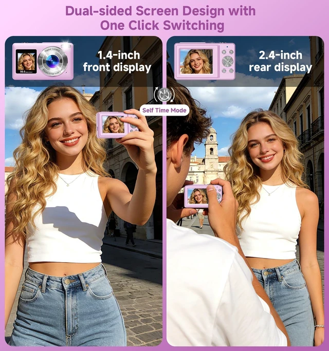 Alt view image 2 of 7 - Digital Camera, 2026 Upgraded 56MP Dual-Screens Selfie Digital Camera, Small Cameras with 32GB SD Card Smile Capture, Compact Digital Cameras with 16X Digital Zoom for Beginners Kids Teens Girls
